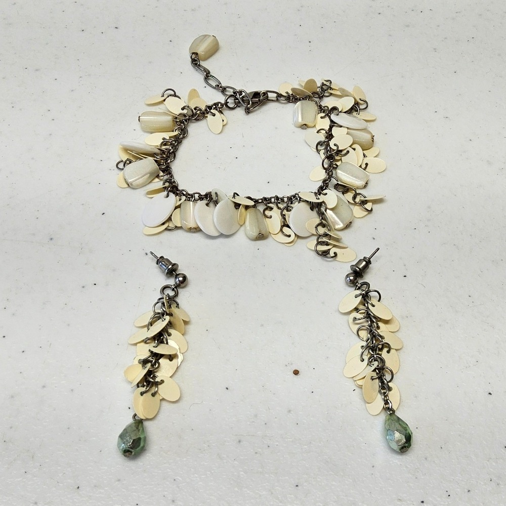 Jewelry Set Women Cream Shell Boho Dangle Earrings Cluster Bracelet